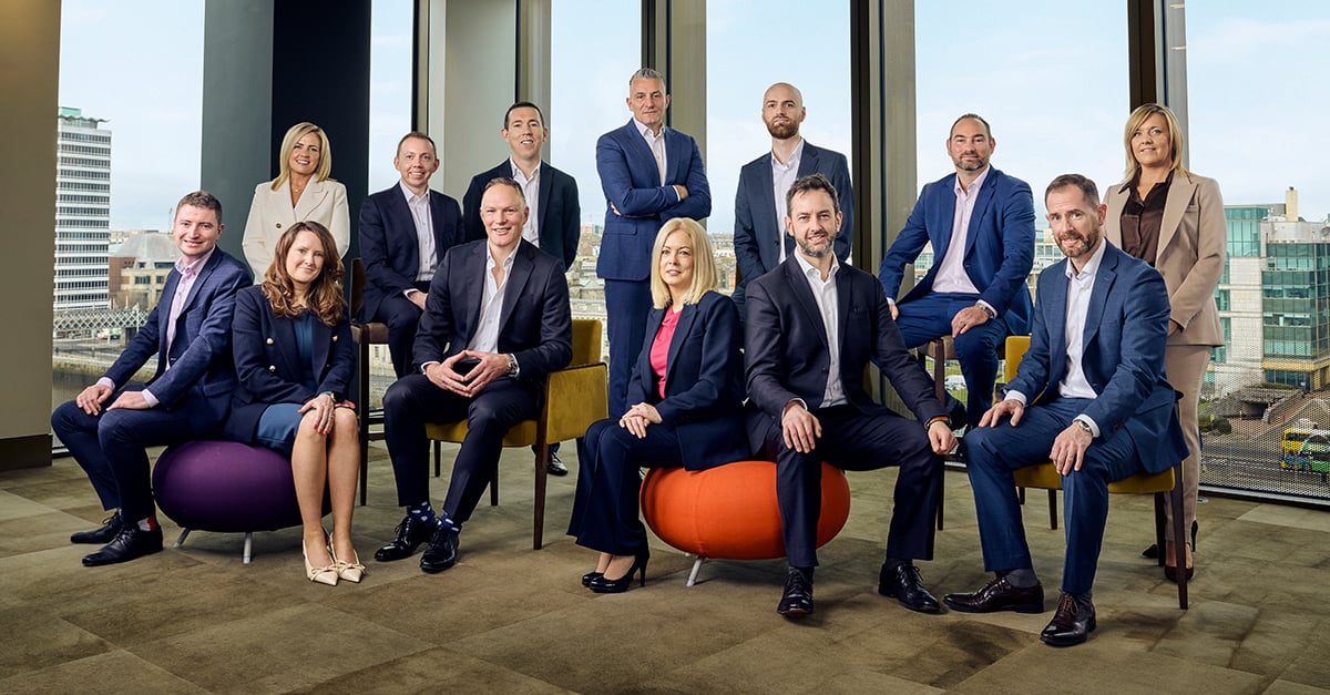 From left to right: Zeno Kelly, Clare Fitzgerald (standing), Julia Considine, Liam Naughton, Paul McSavage, Mark O&rsquo;Sullivan, Steve Tennant (Managing Partner), Sin&eacute;ad Barrett, Shane Quinn (standing), David Mac Curtain, John Botha, David Carroll and Nikita Lynn